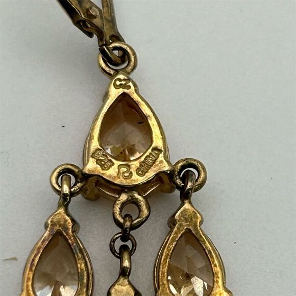 Vintage Art Deco 925 Gold Chandelier Earrings Cubic Zirconia Rhinestones Classic - Picture 6 of 9